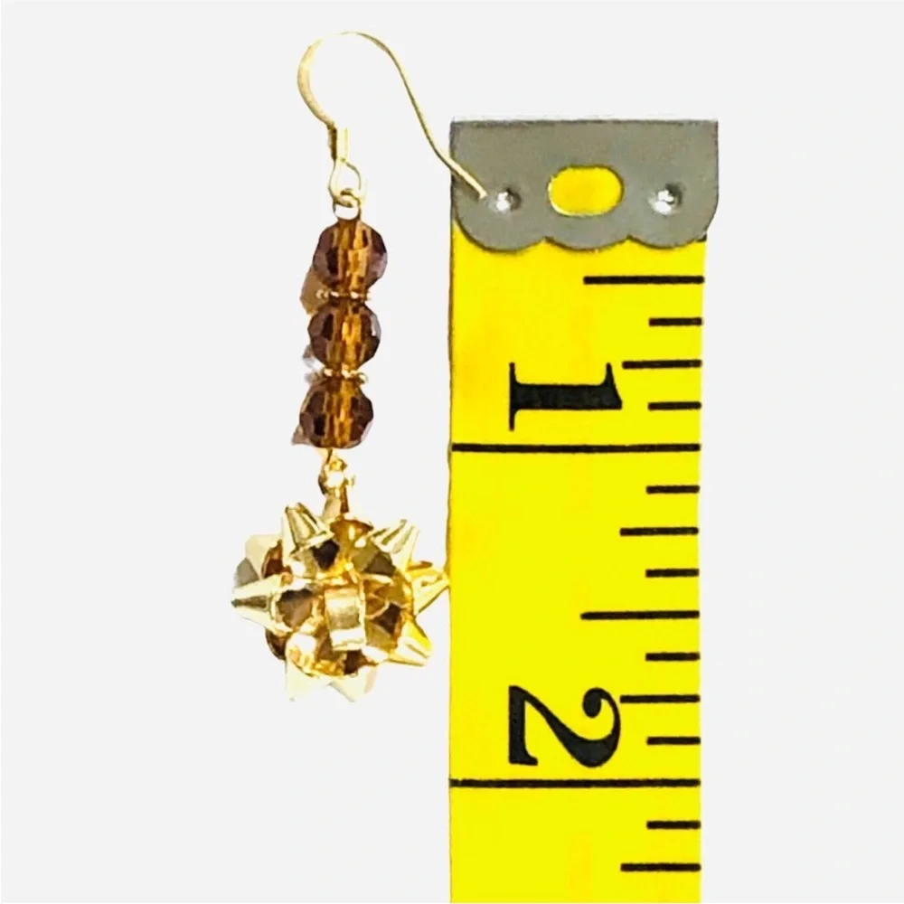 HANDMADE Unbranded GOLD Metallic GIFT Bow And Brown Glass Crystal Bead Earrings